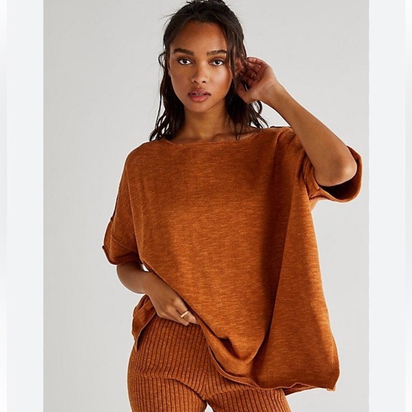 FP BEACH Winnie Oversized Sweater Tee Sz S Bran Boxy Oversized Linen Blend - Picture 1 of 9